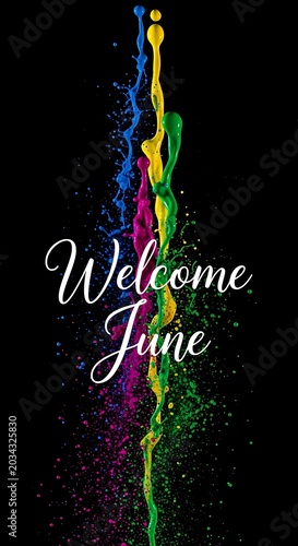 Vibrant neon welcome sign with colorful light rays.