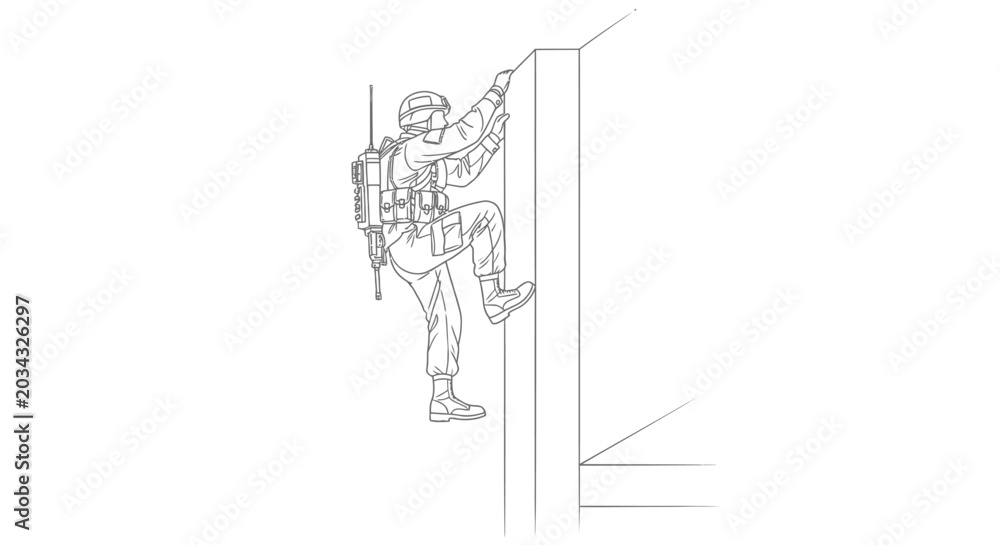 Fototapeta premium Soldier Climbing Wall Military Training Exercise Line Art