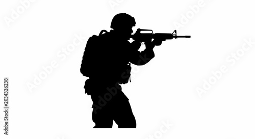 Tableau sur toile Silhouette of Soldier Aiming Rifle, Military Action, Combat Ready