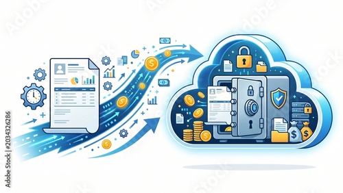 Automated digital invoice processing and cloud storage vector illustration 