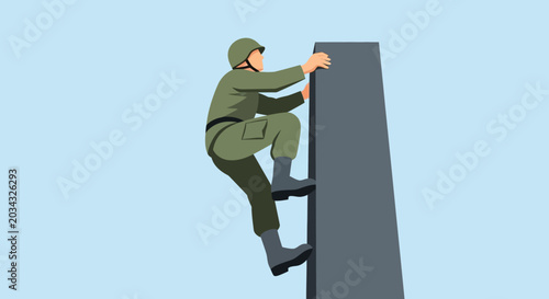 Quadro su tela Soldier climbing wall, military training, overcoming obstacles, perseverance, st