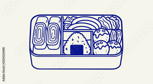 Bento box line art illustration with Japanese food