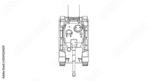 Canvastavla Top View Outline Drawing of a Military Tank on White Background