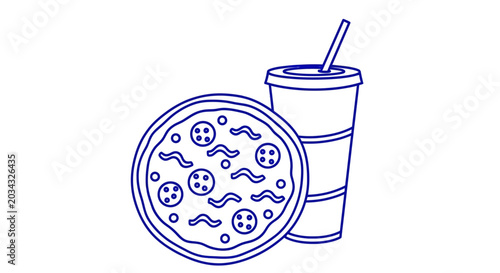 Pizza and soda cup line art icon for fast food menu design