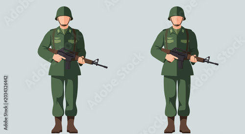 Canvastavla Two Soldiers in Uniform with Rifles, Military Duty, Defense Concept