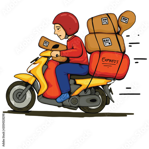 Overworked Delivery Courier Carrying Too Many Packages on Motorcycle Illustration