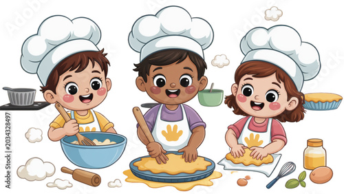 Three happy children cooking together in a colorful kitchen Vector