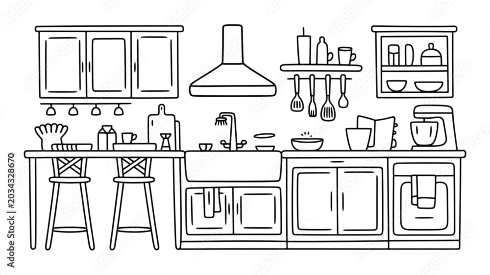Obraz premium Modern kitchen with stainless steel appliances and wooden countertops in a bright room Vector