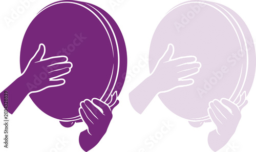 Canvastavla Tambourine instrument held by hands in purple and light violet vector illustrati