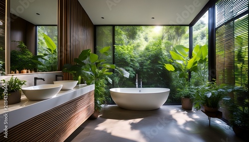serene bathroom retreat a tranquil oasis blending modern design with lush greenery atmosphere
