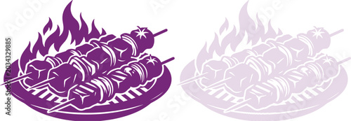 Photography Purple Shish Kebab Skewers Grilling on Fire Vector Illustration American Occassi