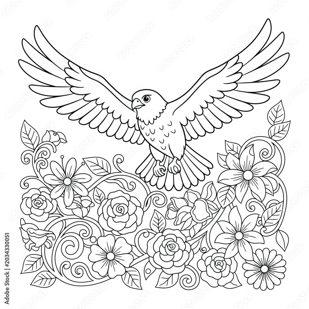 Obraz premium Eagle descending over a lush garden of roses mixed blooms and scrolling vines for a coloring page