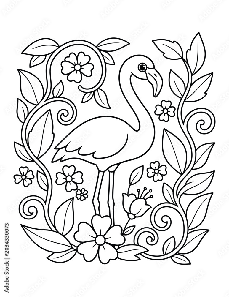 Fototapeta premium Flamingo standing amid a lush arrangement of scrolling vines flowers and large tropical leaves coloring page