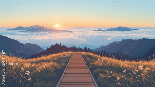 illustration of A breathtaking mountain landscape at sunrise, featuring a long wooden boardwalk stretching over rolling hills toward distant peaks. A sea of clouds fills the valleys below.