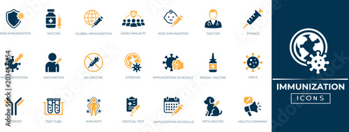Schilderij op canvas Immunization solid icon set vaccine vials, syringes, children, test, antibody, doctor, and medical records for healthcare, safety, and vaccination