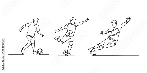 Foto Continuous single line drawing of soccer players in action playing football matc