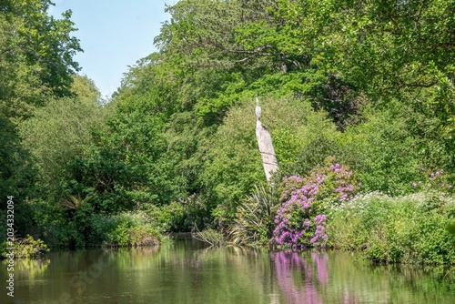 wooden heron sculpture and rhododendrons reflecting in the lake at Holly Hill Woodland Park Hampshire England