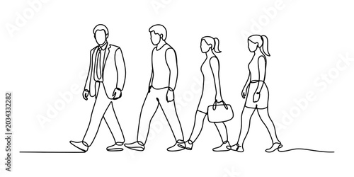 Bild auf Leinwand Group of diverse people walking together in a line continuous one line drawing s