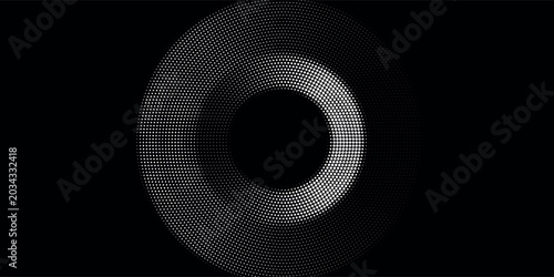 White vector halftone dots in spiral form. Geometric art. Segmented circle. Circular shape. Trendy design element for border frame, round logo, tattoo, sign, symbol, badge, emblem, web pages