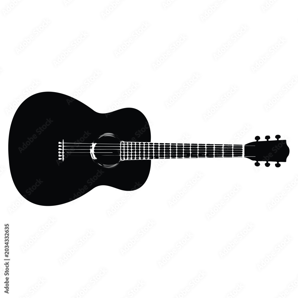 Fototapeta premium Black silhouette of acoustic guitar instrument isolated on a simple white background art.