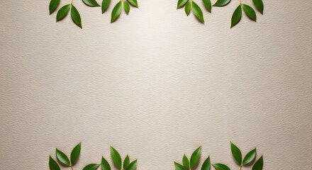 Minimal beige paper texture background with soft green eucalyptus leaves border