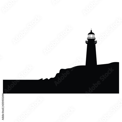 Bild auf Leinwand Black silhouette of lighthouse on coastline hill isolated against white background design