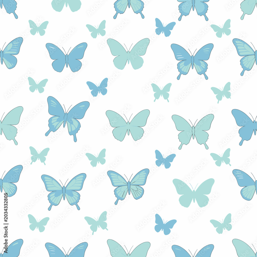 Naklejka premium Blue Butterflies Flying Pattern on White Background