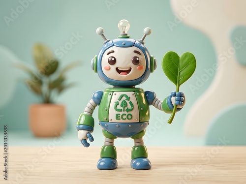 Eco friendly robot mascot holding a leaf sustainable technology concept digital illustration for environmental campaigns