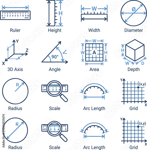 Bild auf Leinwand Measurement and dimension line icon set