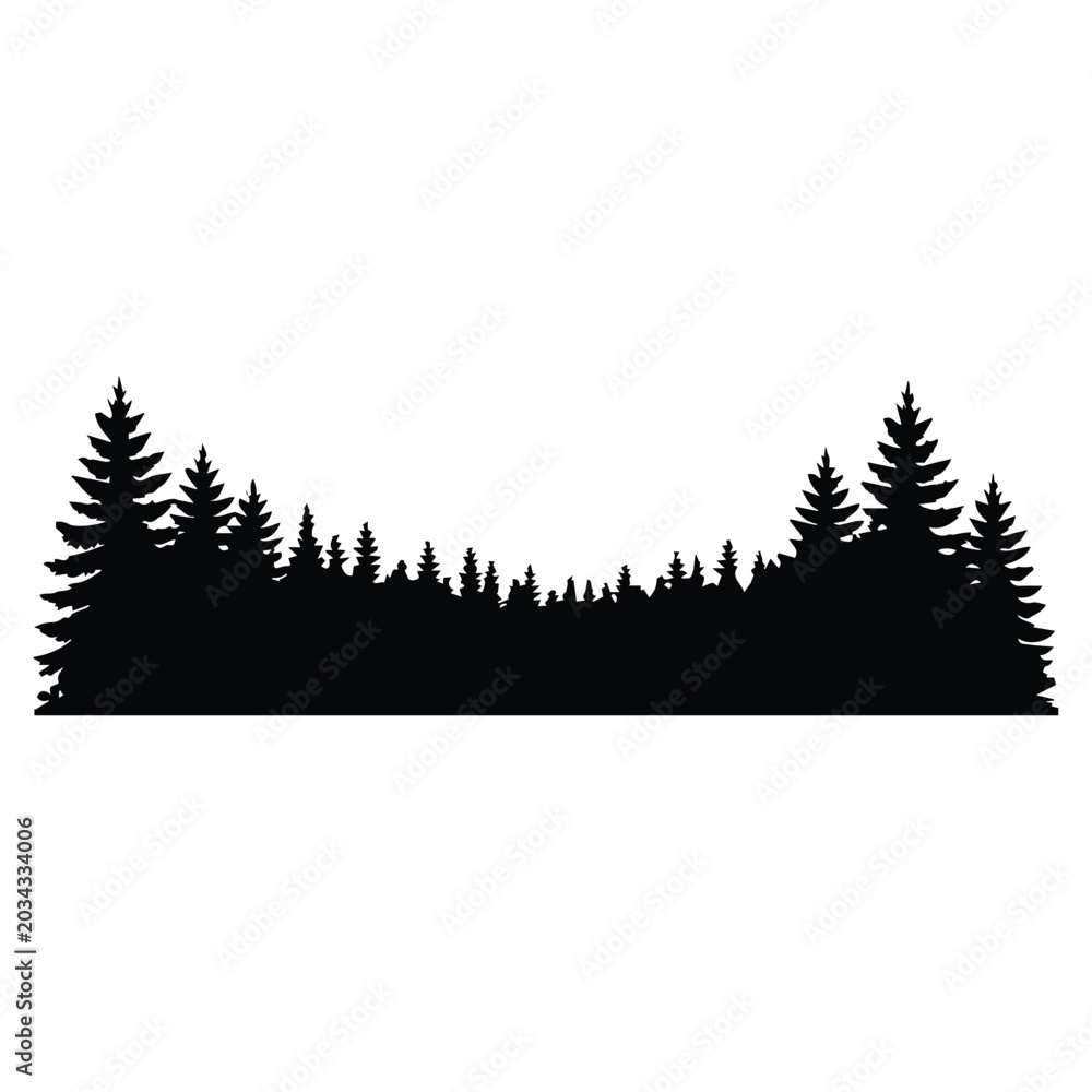 Obraz premium Pine tree forest silhouette panorama with evergreen conifer woods nature landscape illustration.