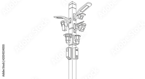 Photos A detailed line drawing of a modern smart city utility pole equipped with cameras and lights