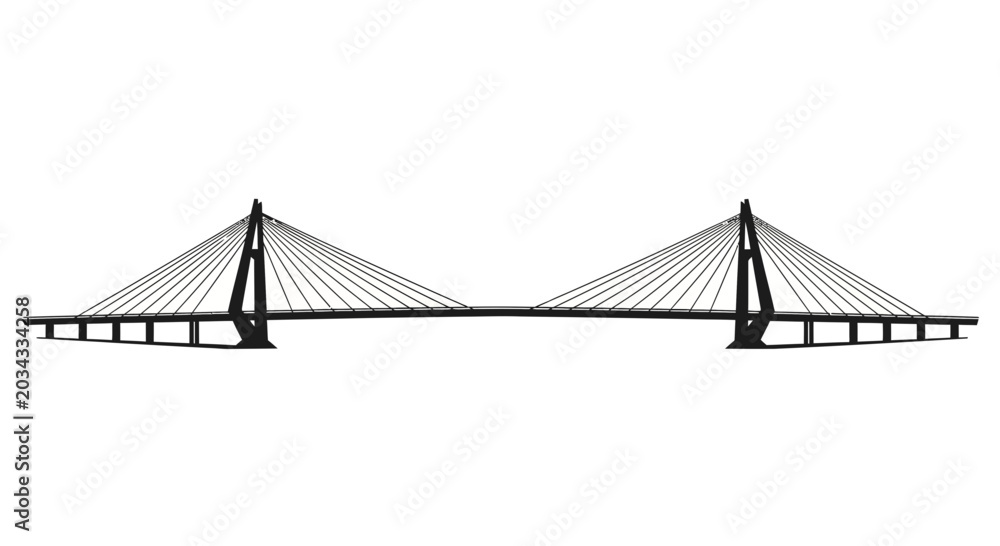 Fototapeta premium A modern cable stayed bridge silhouette against a plain white background.