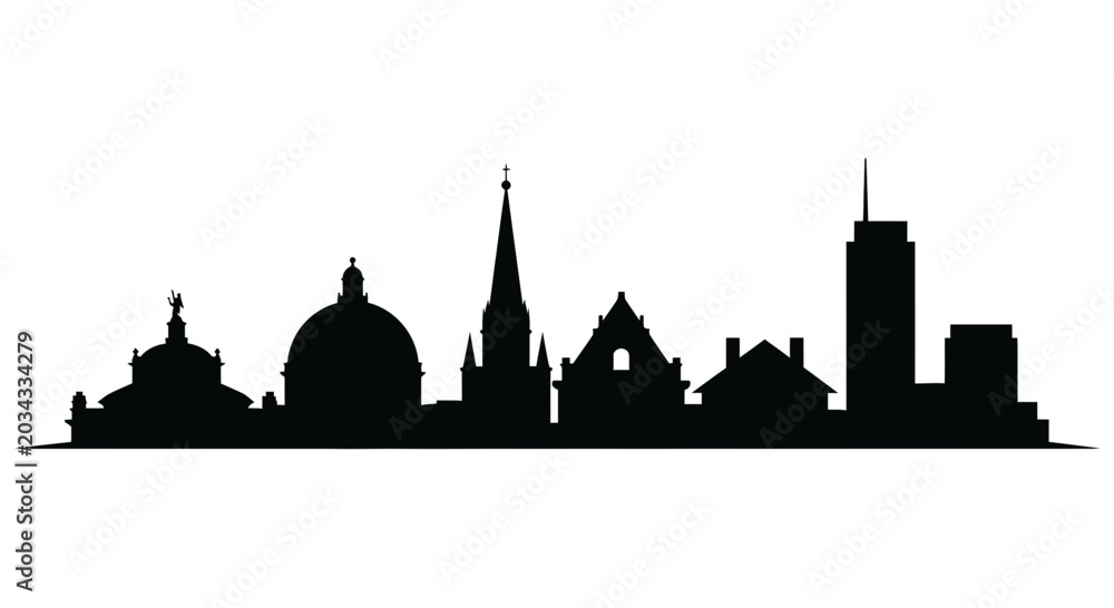 Naklejka premium A detailed black silhouette of a diverse city skyline featuring historic and modern buildings.