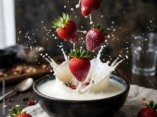 Fresh strawberries falling into a bowl of milk with a splash