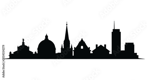 Schilderij op canvas A detailed black silhouette of a diverse city skyline featuring historic and modern buildings