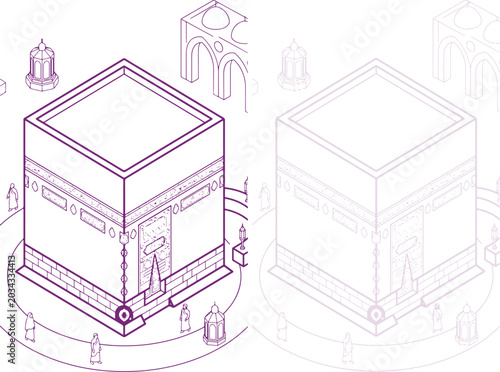 Foto Kaaba isometric line art illustration of Mecca pilgrimage site in purple outline