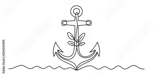 Bild auf Leinwand Continuous single line drawing of a boat anchor with small leaves and ocean wave