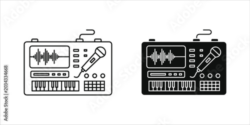 Foto Black and white of music synthesizer with screen and microphone