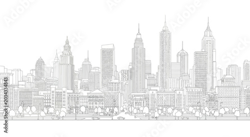 Canvas Print Detailed pencil sketch illustration of a sprawling metropolitan city skyline