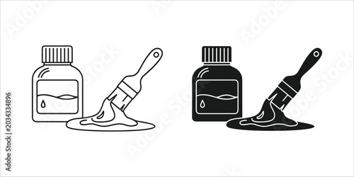 Cuadro en lienzo Black and white paint bottles with spilled paint and brushes