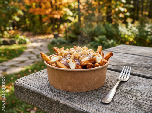 Bowl of fresh poutine with gravy and cheese curds served on a weathered wooden table for rustic outdoor dining or menu themes.