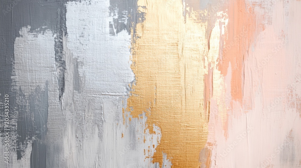 Fototapeta premium Textured artwork displays metallic gold, peach, and gray hues, highlighting artistic expression and contemporary design in a vibrant composition