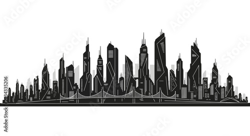 Detailed black and white silhouette of a modern futuristic city skyline.