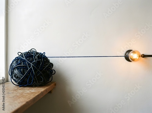 A ball of yarn next to a wall mounted light bulb with a blue cord