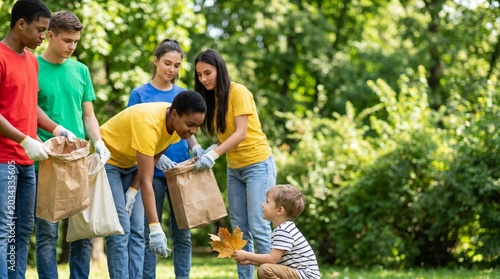 A group of people collecting trash in a park with a child