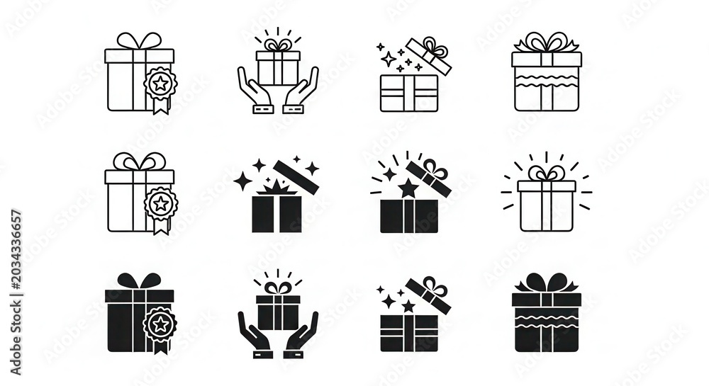 Fototapeta premium Set of Gift Box Icons in Line and Solid Styles for Holiday, Birthday, and Celebration Design Projects