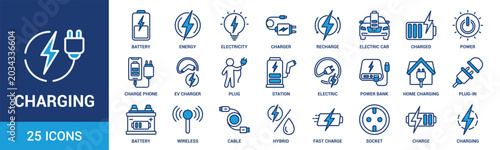 Charging icon set. Containing charge, battery, energy, electricity, charger, recharge, electric car and charging station icons. Blue icon collection. Vector illustration.