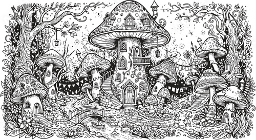 Fantasy mushroom house coloring page for adults with whimsical fairy tale forest background