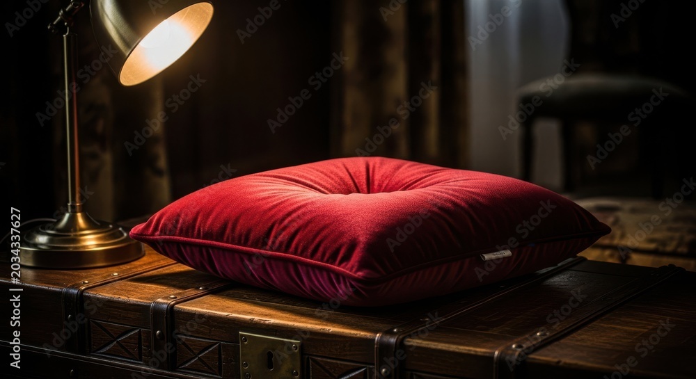 Naklejka premium Rich Burgundy Velvet Tufted Cushion Resting on a Vintage Wooden Trunk with Warm Ambient Lighting