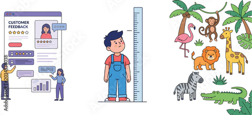 Creative vector design elements showing user rating testimonial webpage boy checking growth on chart scale and tropical zoo animals bundle